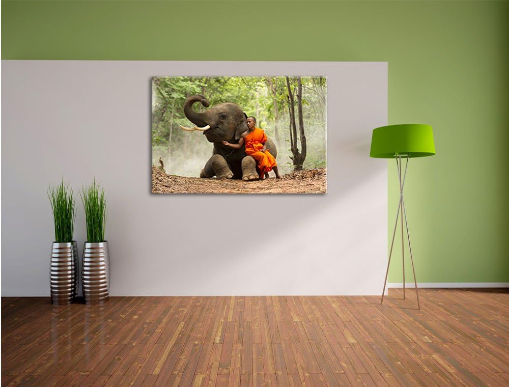 Pixxprint Mönch Elefanten Wald als Leinwandbild/Grösse: 100x70 cm/Wandbild/Kunstdruck/fertig bespann