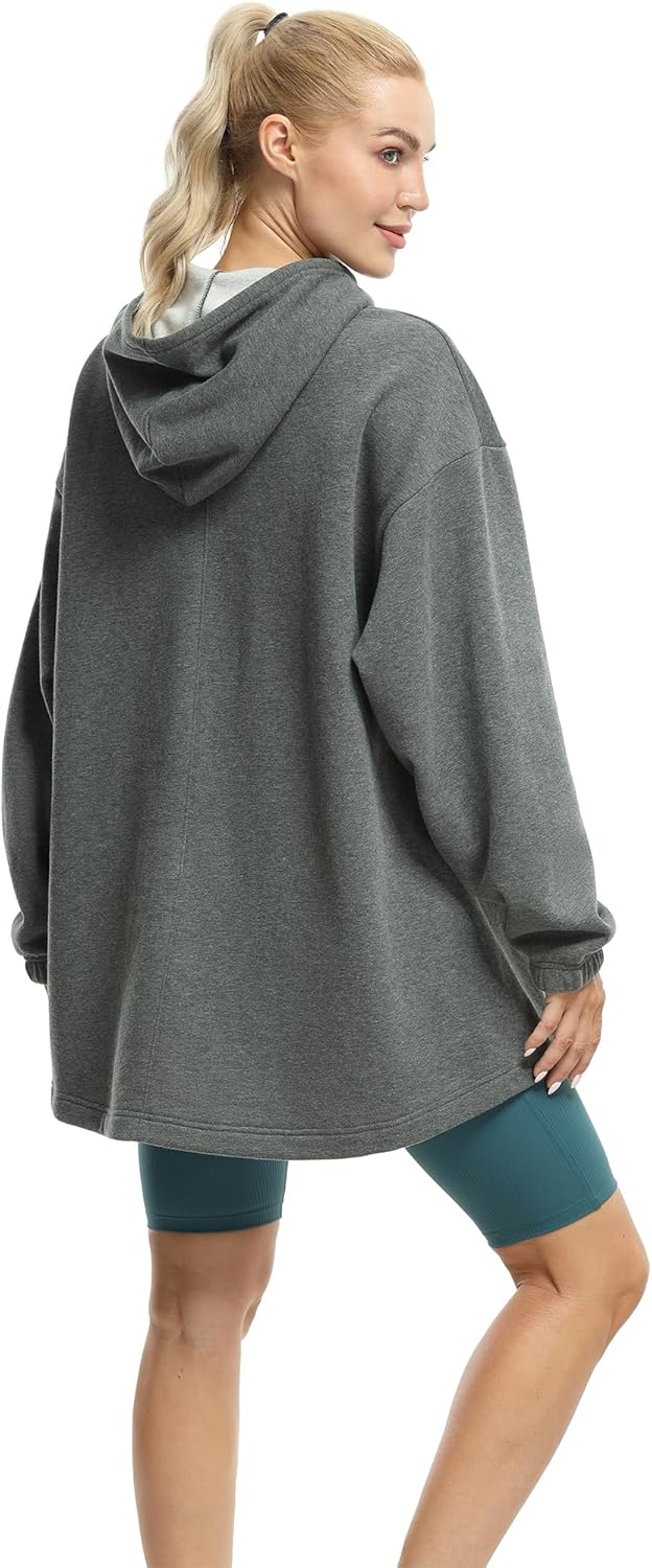 icyzone Damen Lang Oversize Hoodie Fleece Kapuzenpullover Casual Sweatshirt mit Kängurutasche S Char