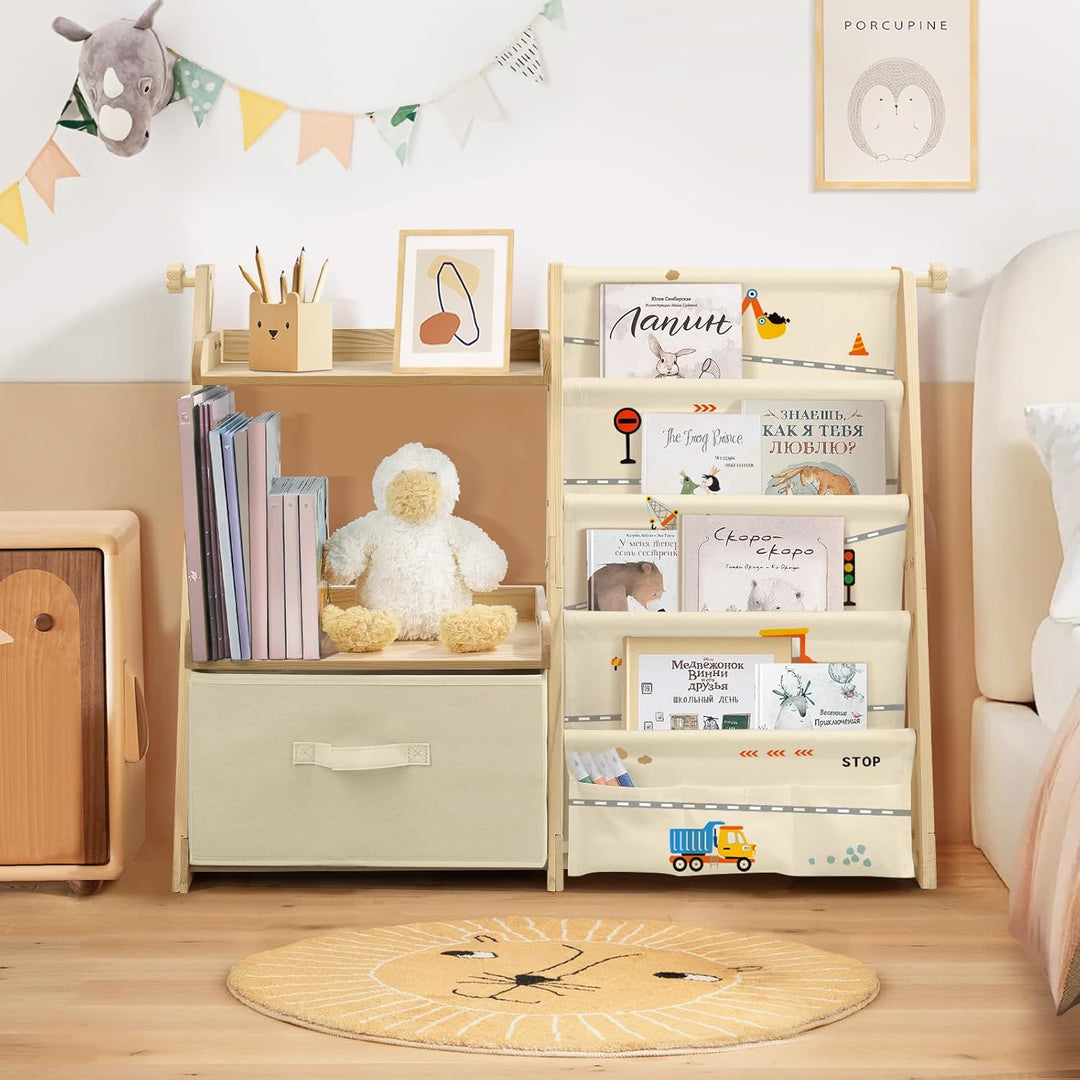 Bücherregal Kinder Kinderzimmer Spielzeug Aufbewahrung mit 4 Regalebenen & Aufbewahrungsbox, Kinderr