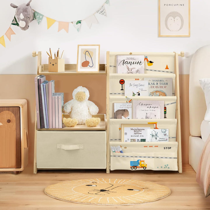 Bücherregal Kinder Kinderzimmer Spielzeug Aufbewahrung mit 4 Regalebenen & Aufbewahrungsbox, Kinderr