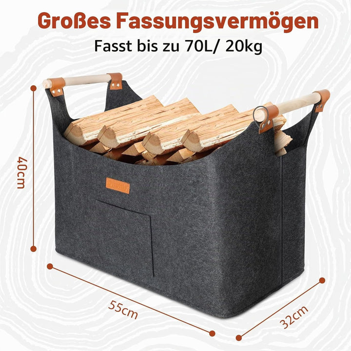 Faltbarer Holzkorb Filztasche 50 x 32 x 40 cm 70L, Korb Aus Brennholz Mit Griff, Extra Dicker Filzko