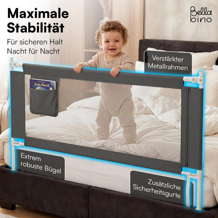 Bellabino Drina Rausfallschutz 150 cm, mit Sicherheitsgurt, Dunkelgrau | Bettschutzgitter, Bettgitte