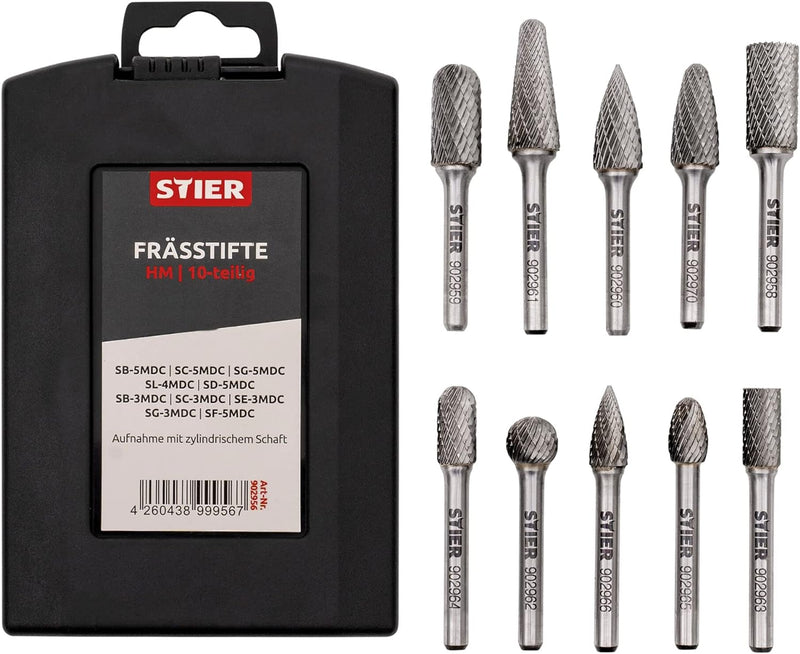 STIER Frässtifte-Set 10-teilig, 6 mm Schaftdurchmesser, Fräsformen: Zylinder Stirnverzahnung Walzenr