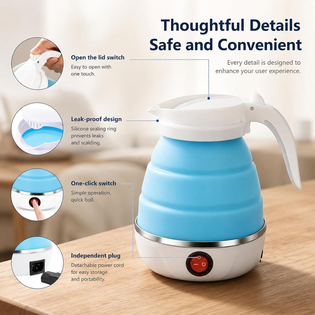 Faltbarer Wasserkessel, 0.6L Wasserkocher Faltbarer, 600W Reisewasserkocher mit Edelstahlboden &amp; Sch