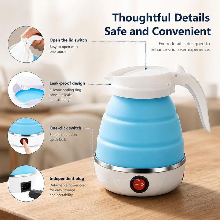 Faltbarer Wasserkessel, 0.6L Wasserkocher Faltbarer, 600W Reisewasserkocher mit Edelstahlboden &amp; Sch