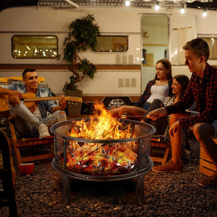 Feuerschale, Feuerschale Garten, Feuerkorb mit Funkenschutz, Feuerstelle Retro-Look, inkl. Poker & K