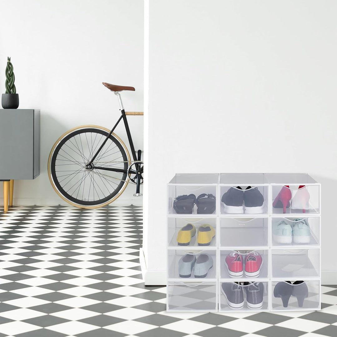 Relaxdays Schuhboxen 12er Pack, Schuhorganizer, stapelbar, für Schuhe bis Grösse 45, mit Lüftungssch