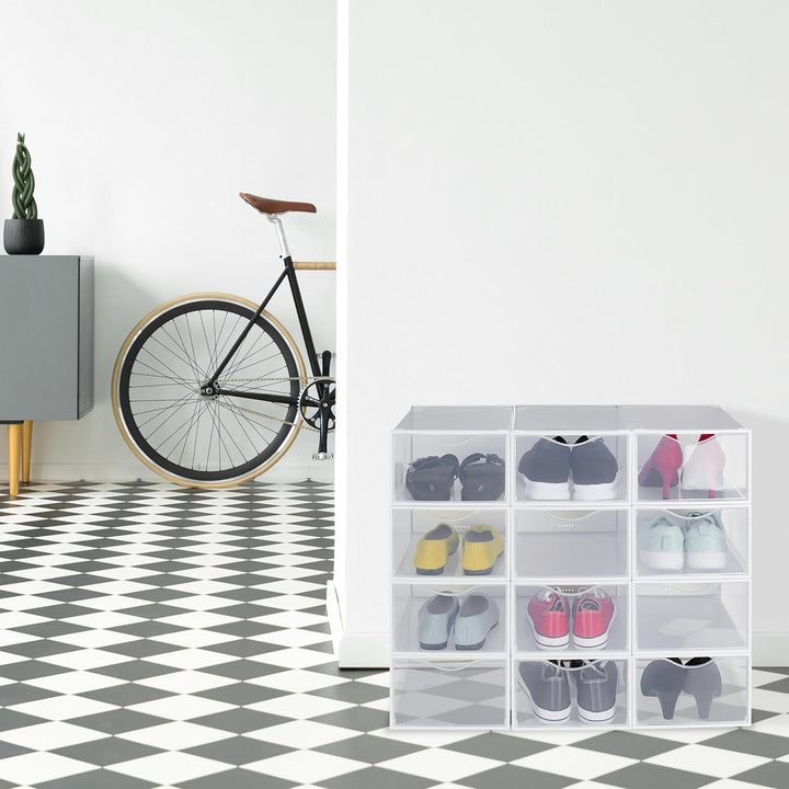 Relaxdays Schuhboxen 12er Pack, Schuhorganizer, stapelbar, für Schuhe bis Grösse 45, mit Lüftungssch