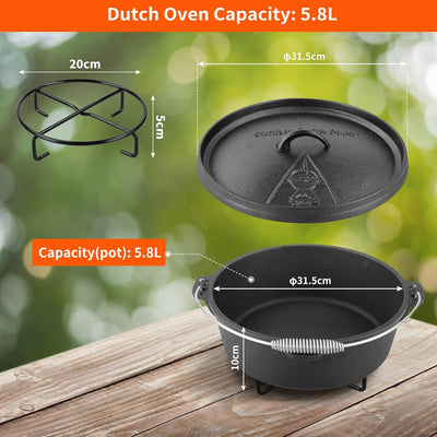 Dutch Oven Set 5.8 Liter, BBQ Feuertopf Schmortopf, Dickem Gusseisen Kochtopf, Dutch-Oven ohne Beine