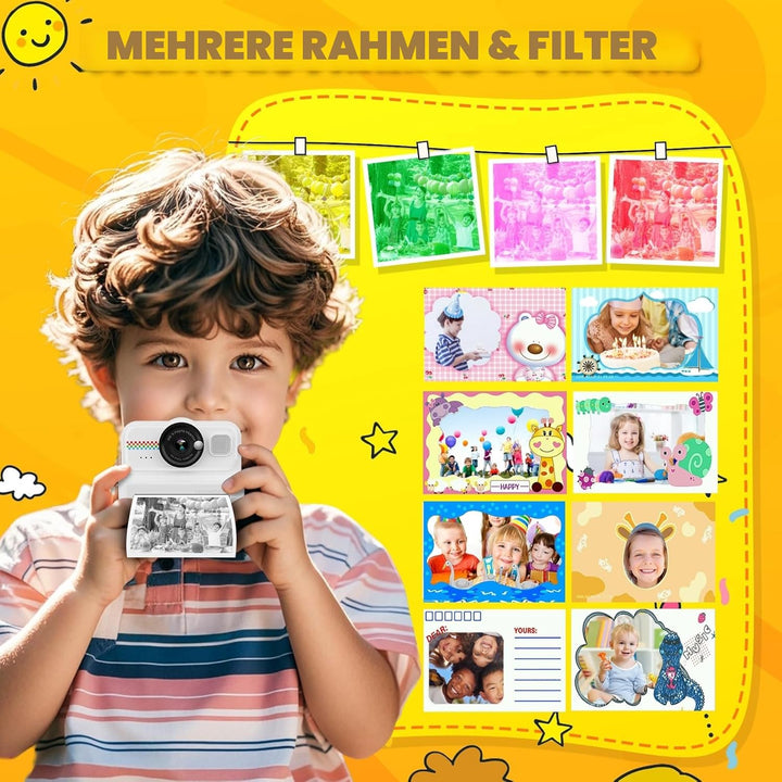 HiMont Kinderkamera Sofortbildkamera, 1080P Sofortbildkamera Kinder mit 32GB Karte & 3 Rollen Druckp