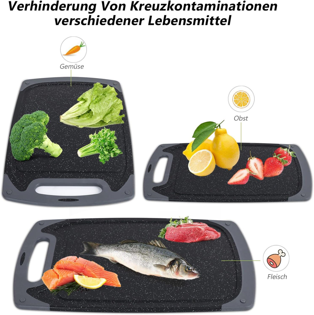 Schneidebrett-Set, Küchen-Schneidebretter mit rutschfesten Füssen und tiefer Saftrille, BPA-freie Ku
