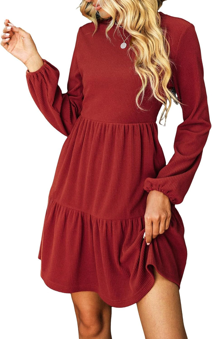 CUPSHE Damen Kleid Rundhals Langarm Volantsaum A Linien Herbst Winter Rippstruktur Kurze Minikleid F