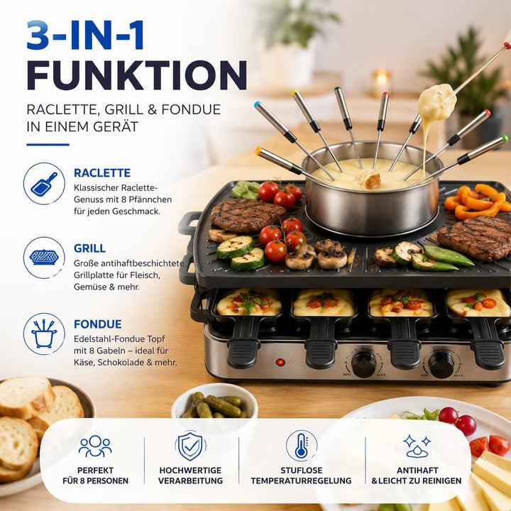 8 Personen Set Raclette - Mit Grillplatte & Steinplatte Funktion - Tischgrill inkl. Pfännchen & Scha