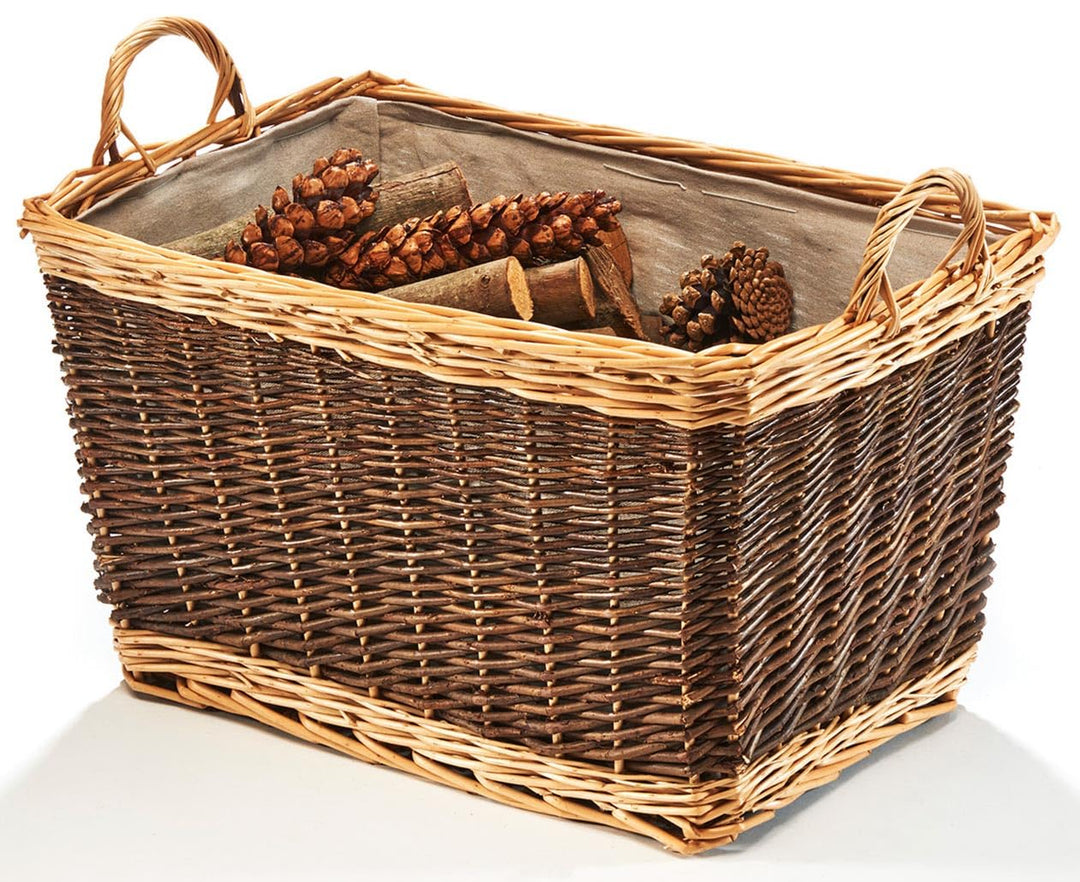 Kobolo Holzkorb aus Weide | Korb für Feuerholz mit Juteeinsatz | 63x37x42cm | zweifarbig braun beige