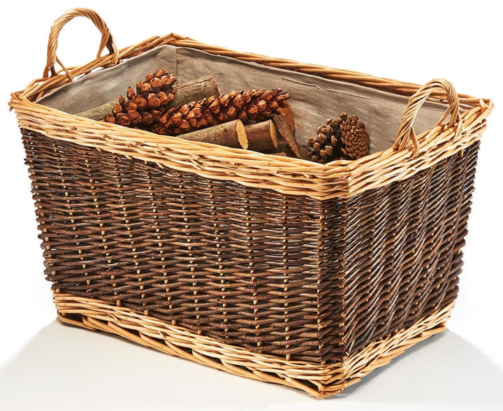 Kobolo Holzkorb aus Weide | Korb für Feuerholz mit Juteeinsatz | 63x37x42cm | zweifarbig braun beige
