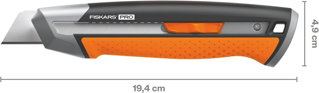 Fiskars Cuttermesser, Länge 19,4 cm, Inklusive Klinge (25mm), Rostfreier Stahl/Kunststoff, Schwarz/O