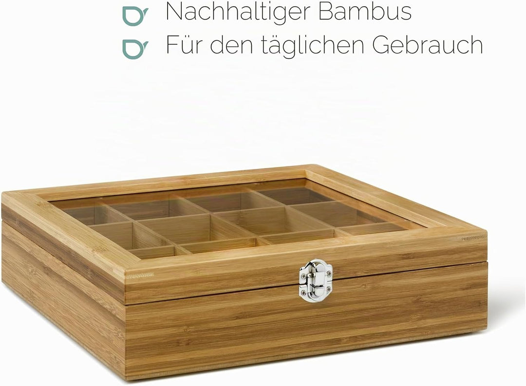 Bredemeijer grosse helle Holz Teebeutel-Kiste mit 12 Fächer und Sichtfenster 28 cm lang Wooden Tea B