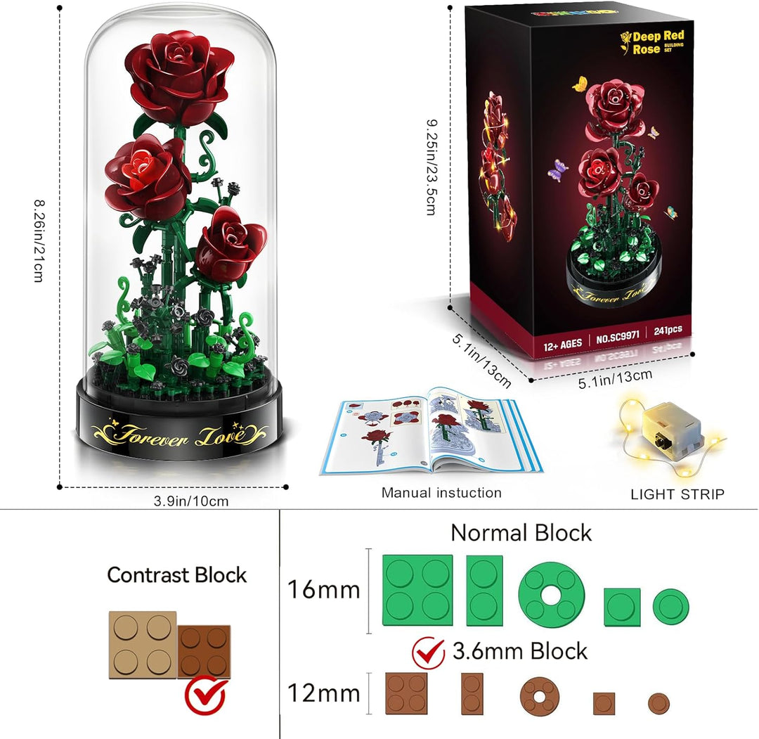 Blumen Rosen Bausatz mit LED Licht, 241 Teile Burgunderrot Rosenstrauss, 3.6MM Blumenstrauss Baustei