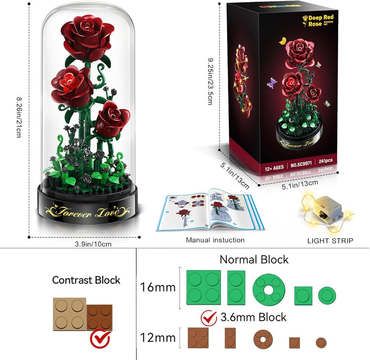 Blumen Rosen Bausatz mit LED Licht, 241 Teile Burgunderrot Rosenstrauss, 3.6MM Blumenstrauss Baustei