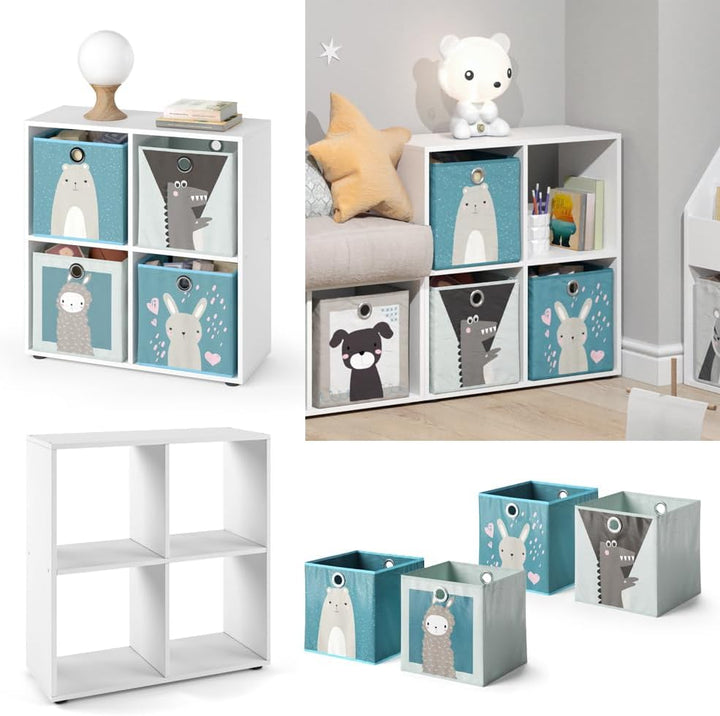 Vicco Kinderregal Tetra, Weiss, 72 x 72.6 cm mit 4 Faltboxen (grau/blau), 4 Fächer Faltboxen: grau,