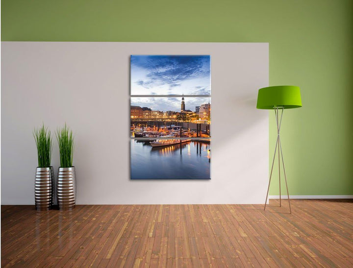 Pixxprint Hamburger Hafen am Abend als Leinwandbild - Grösse: 3-Teilig (120x80cm) - Wandbild - Kunst