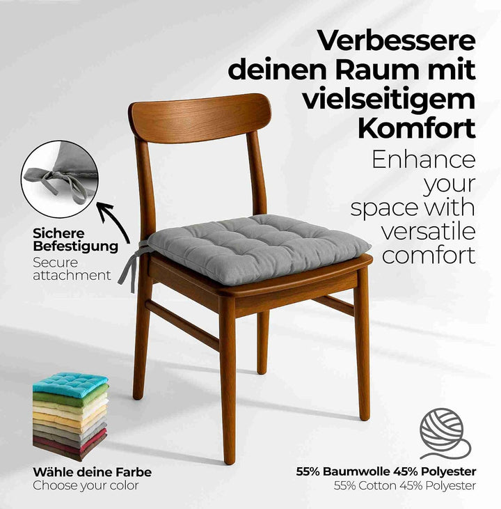 etérea 2er Set Sitzkissen Outdoor 40x40 mit Bändern - Stuhlkissen Grau für Gartenstuhl &amp; Innenbereic