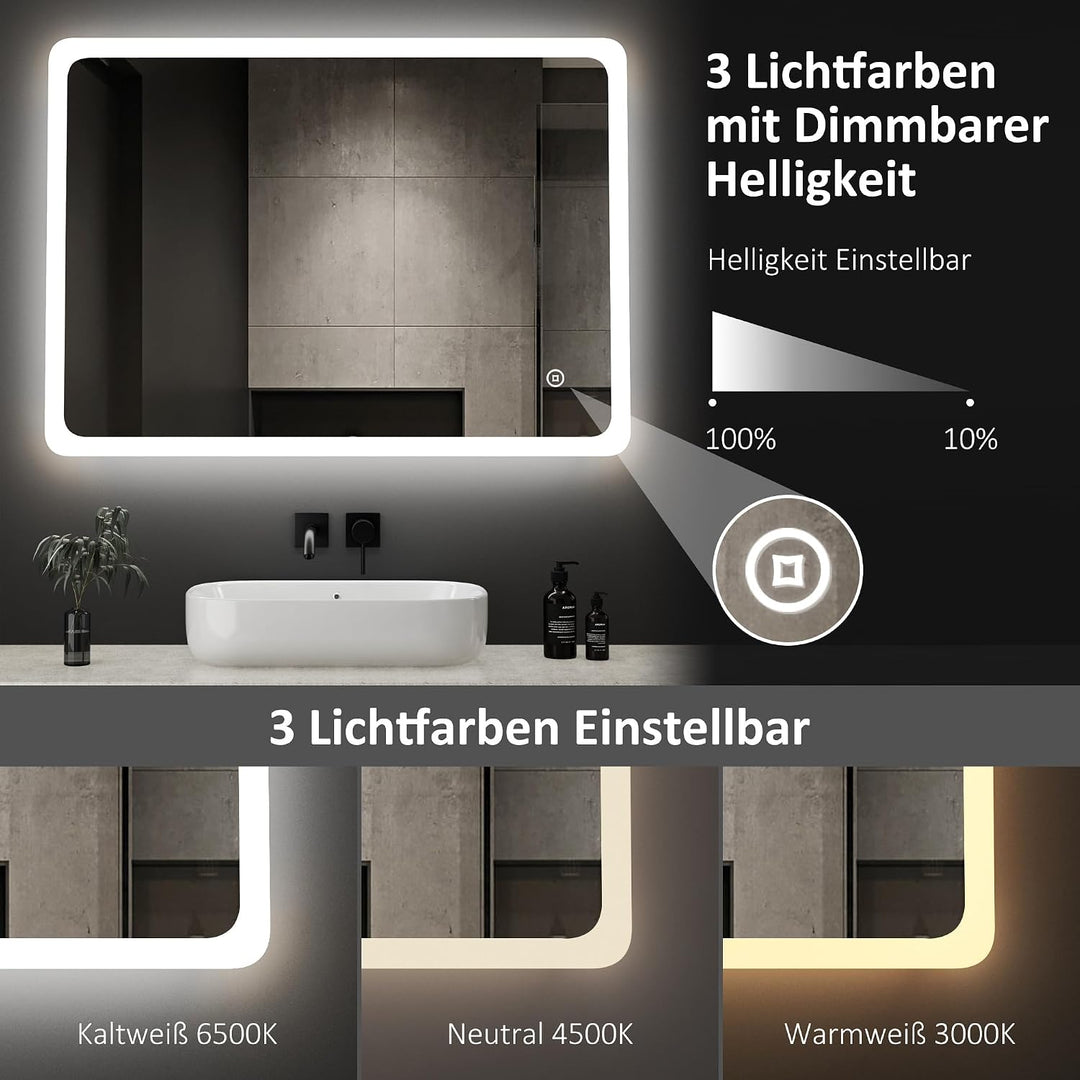 Boromal LED Badspiegel mit Beleuchtung 80x60cm Badezimmerspiegel 3 Lichtfarbe 3000-6500K 2880LM Warm