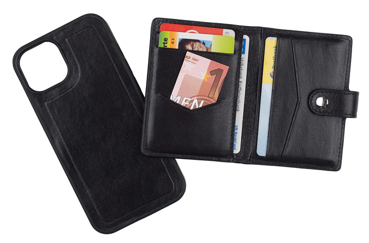 HANS/SON Echtlederhülle iPhone 13 Inkl. Magnetischem Kreditkartenwallet (Schwarz), Schwarz