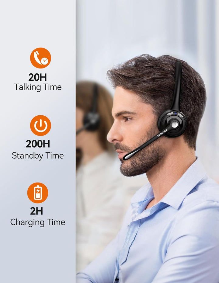 TECKNET Bluetooth Headset mit Mikrofon &amp; USB Dongle, kabelloses PC Headset, Rauschunterdrückung und
