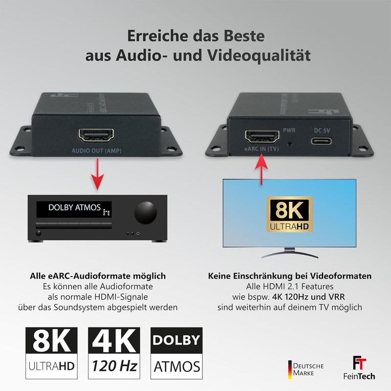 FeinTech AX110 HDMI 2.1 eARC Audio Extractor Konverter für Fernseher mit HDMI-eARC Extractor mit HDM