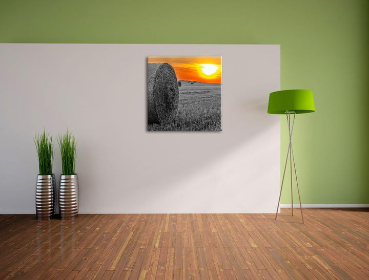 Pixxprint Strohballen auf Feld als Leinwandbild/Grösse: 70x70 cm/Wandbild/Kunstdruck/fertig bespannt