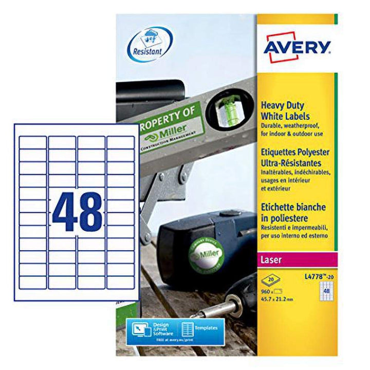 AVERY L4778-20 Box Blätter Etiketten Polyester, weiss