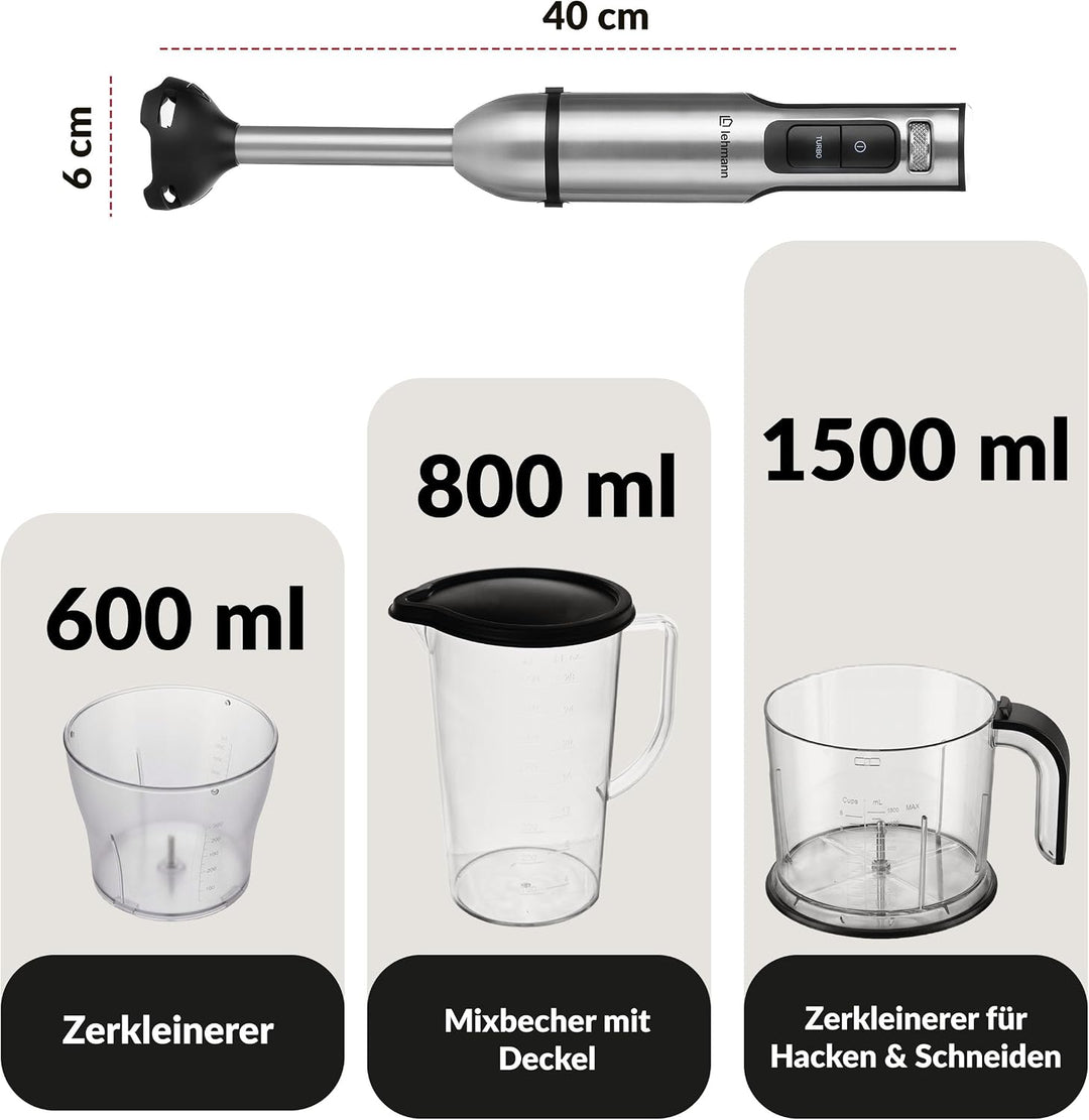 LEHMANN Stabmixer Set 2000 W, Multifunktions Pürierstab 10-in-1, 12 Stufen &amp; Turbo-Funktion, 12 Zube