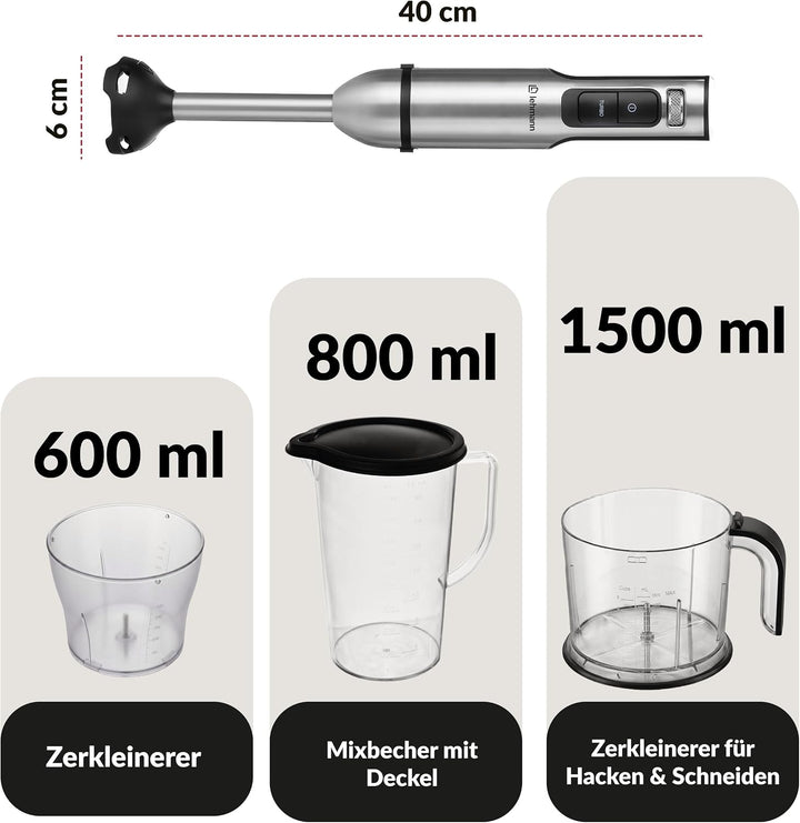 LEHMANN Stabmixer Set 2000 W, Multifunktions Pürierstab 10-in-1, 12 Stufen &amp; Turbo-Funktion, 12 Zube