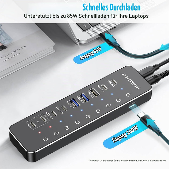 RSHTECH 10 Ports USB C Hub mit Netzteil - 3 USB 3.2 Gen 2 (2 Type C*1 Type A), 4 USB 3.0 (2 Typ C*2