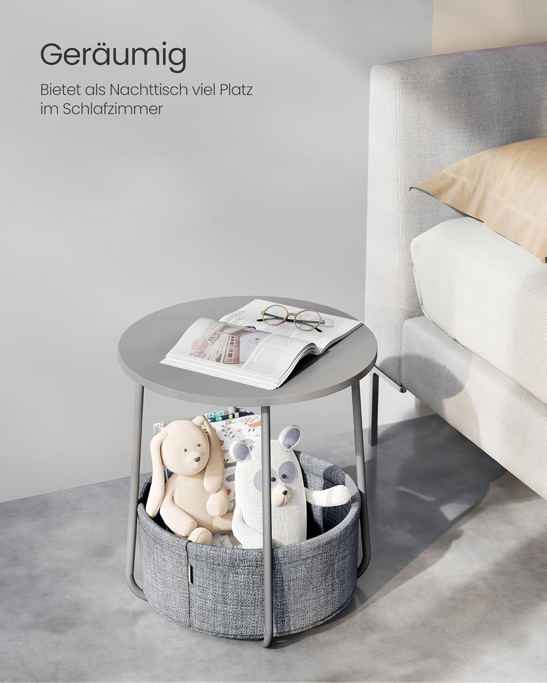 VASAGLE Beistelltisch rund, Kleiner Tisch, Couchtisch klein, Wohnzimmertisch, Korb aus Stoff, Staura