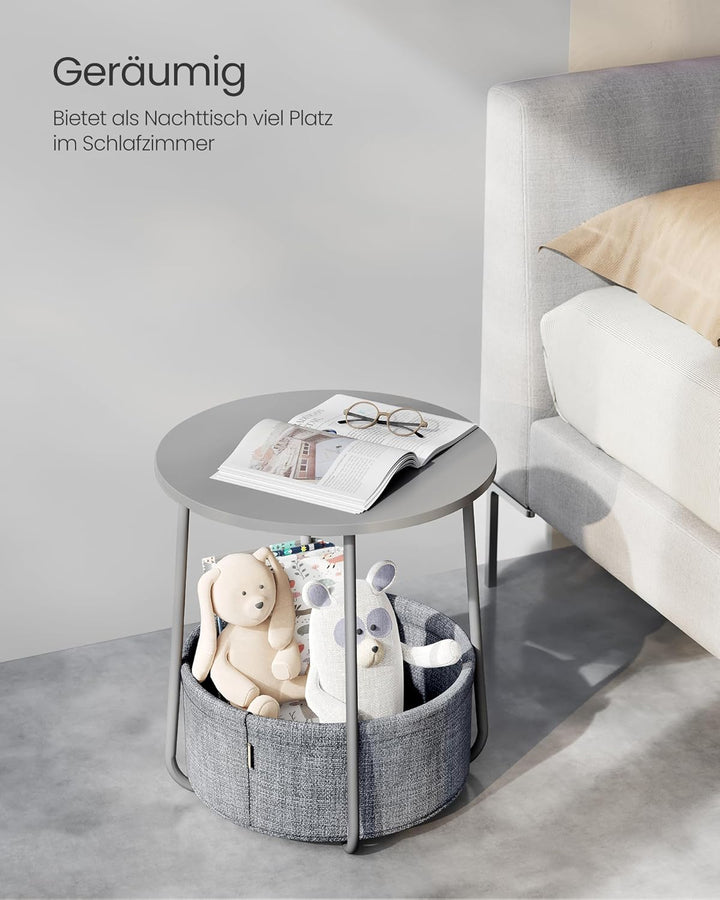 VASAGLE Beistelltisch rund, Kleiner Tisch, Couchtisch klein, Wohnzimmertisch, Korb aus Stoff, Staura