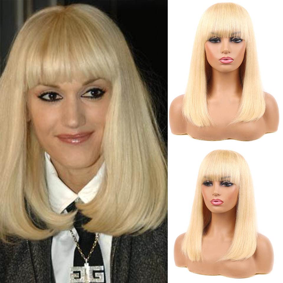 Huarisi 14 inches Blonde Straight Wigs with Bangs, 613 Human Hair Wigs Bob None Lace, 10a Bob Wigs f