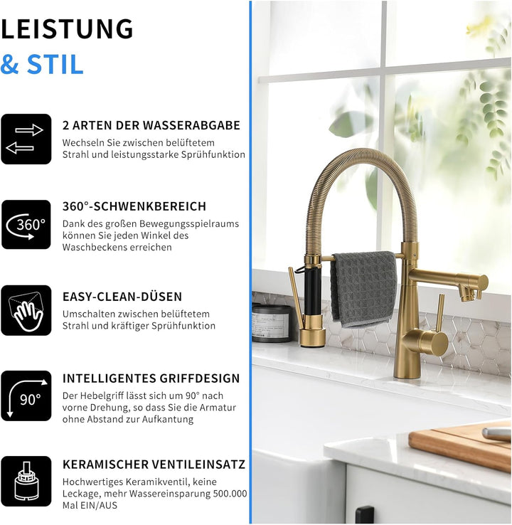 TIMACO Wasserhahn Küche Gebürstetes Gold mit Schloss Brause Ausziehbar - 360° Schwenkbare- Pull-Down