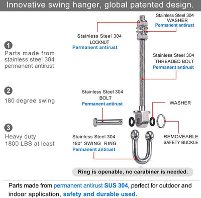 SELEWARE Strapazierfähiger Schaukel Aufhänger aus Edelstahl, Schaukelhaken für Holzbalken und Stahlt