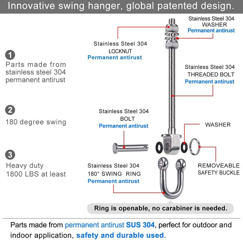 SELEWARE Strapazierfähiger Schaukel Aufhänger aus Edelstahl, Schaukelhaken für Holzbalken und Stahlt