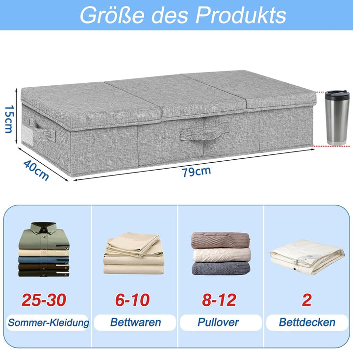 JUPELI 3 Stück Faltbarer Unterbett Aufbewahrungsbox, 15cm Hoch Unter Bett Aufbewahrungskisten Flach,