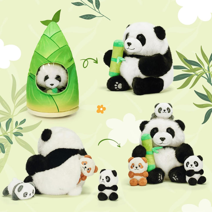 OUOZZZ 5 Stück Panda Kuscheltier und Bambus-Tasche, 25cm Weich Panda Plüschtier mit 3 Baby im Bauch