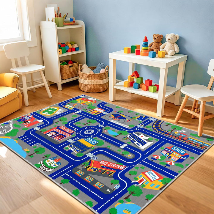 Capslpad Kinder Teppich Spielteppich für Kinder Stadt 100x160cm rutschfest Kinderteppich Spielmatte