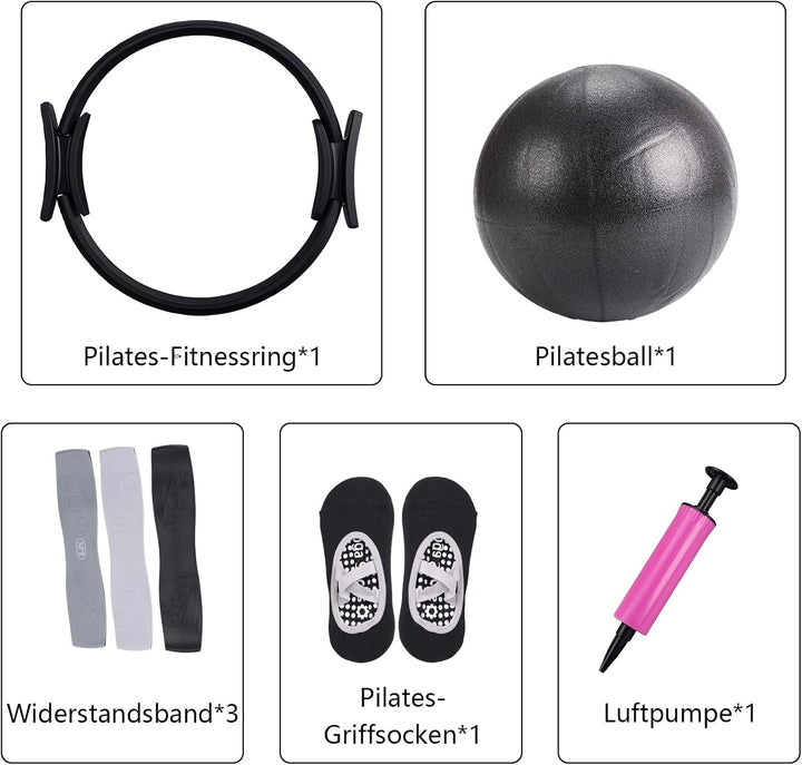 Pilates Essential Kit für Zuhause Schwarz, Pilates Set mit Pilates Ring, Widerstandsbändern, Loop Bä