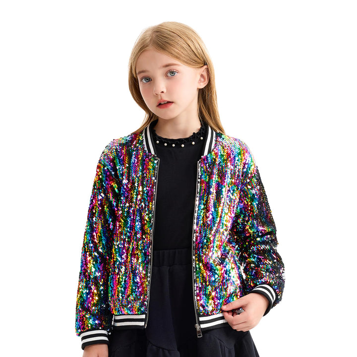 LOLANTA Mädchen Pailletten Bomberjacke mit Taschen Reissverschluss Langarm Glitzer Baseball Jacken f