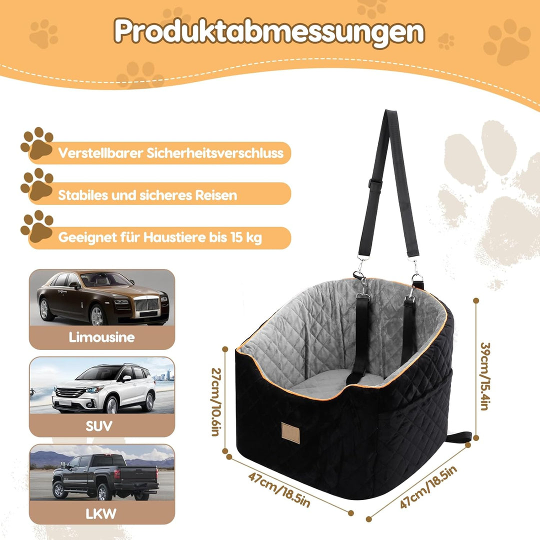 Hunde Autositz - Abnehmbarer Waschbarer Hundesitz mit Rutschfester Basis & Seitentaschen für Auto Re