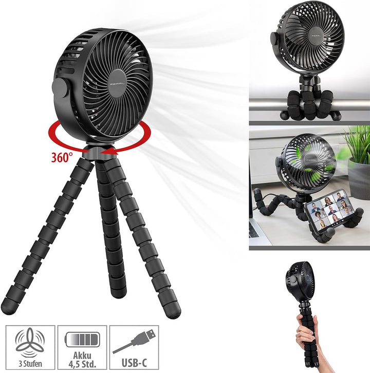 PEARL Kinderwagen Ventilator: 2er-Set 360°-Akku-Handventilatoren mit Stativ, 3 Geschwindigkeiten (Ge