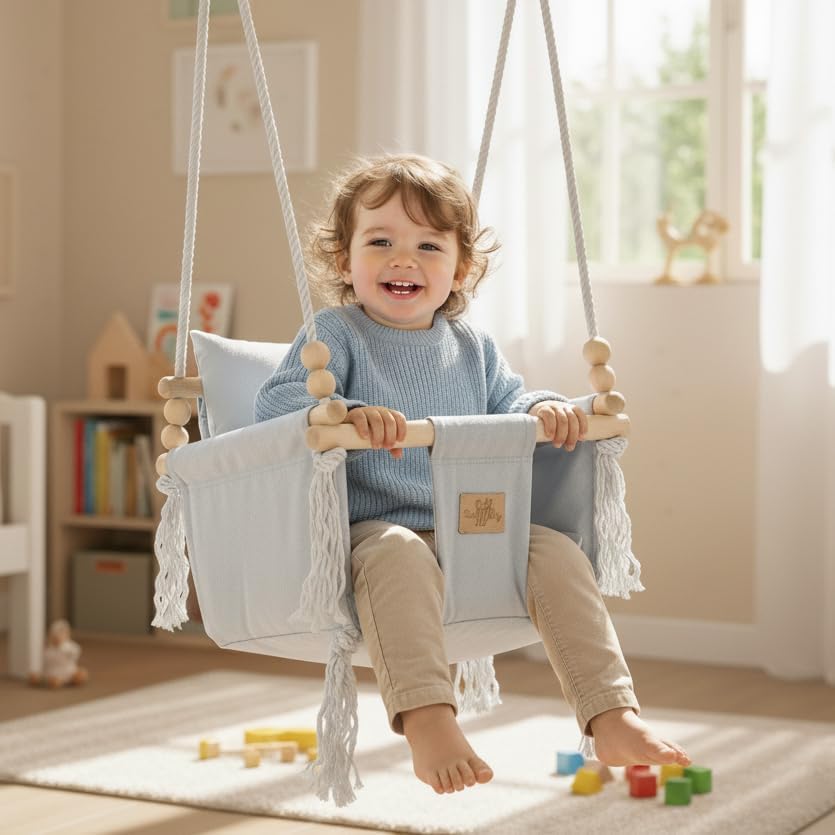 BlueKitty Schaukel für Kinder; Babyschaukel; Kinderschaukel mit Kissen; Schaukel für Haus und Garten