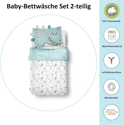 Familando Baby-Bettwäsche mit Ohren/Stacheln 100x135 40x60 cm · Dino Bettwäsche Hellblau für Kleinki